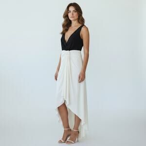 Halston Heritage Colorblock Gown Dress 8 Black Ivory Draped Maxi Evening NWT